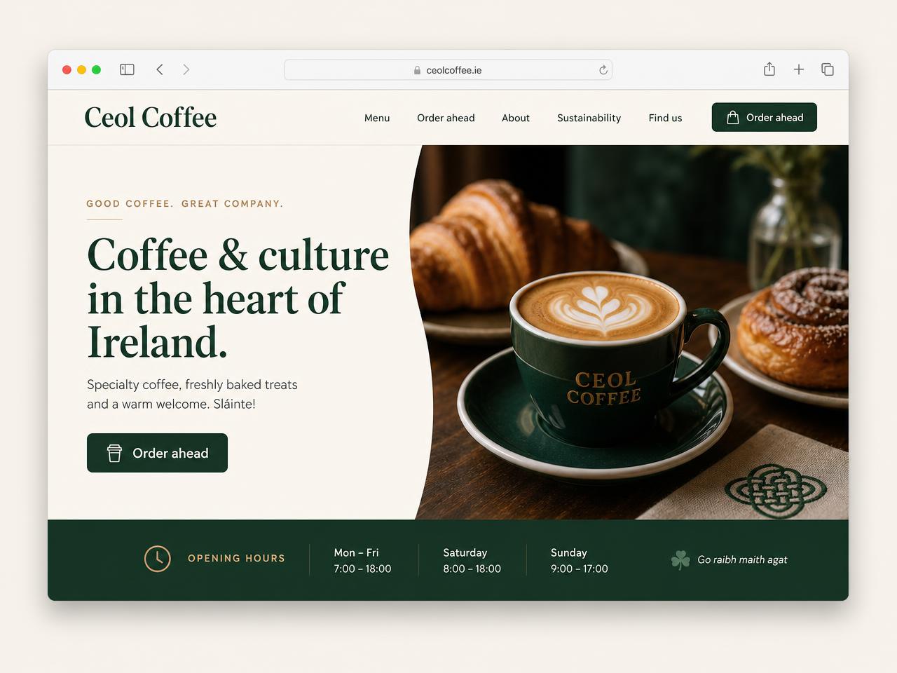 Example website built for an Irish coffee shop, with online ordering and opening hours
