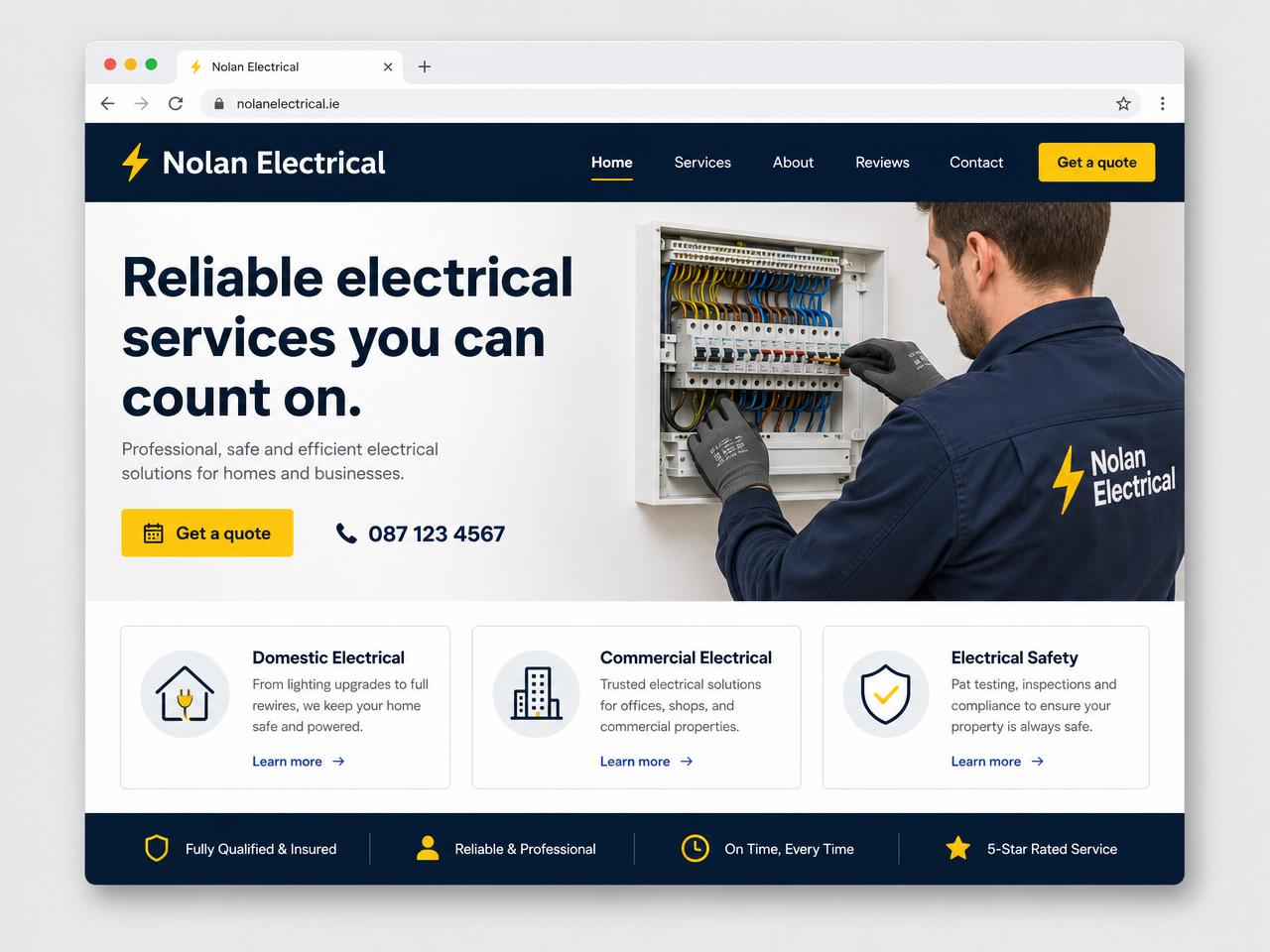Example website built for an electrician, with quote requests and service listings